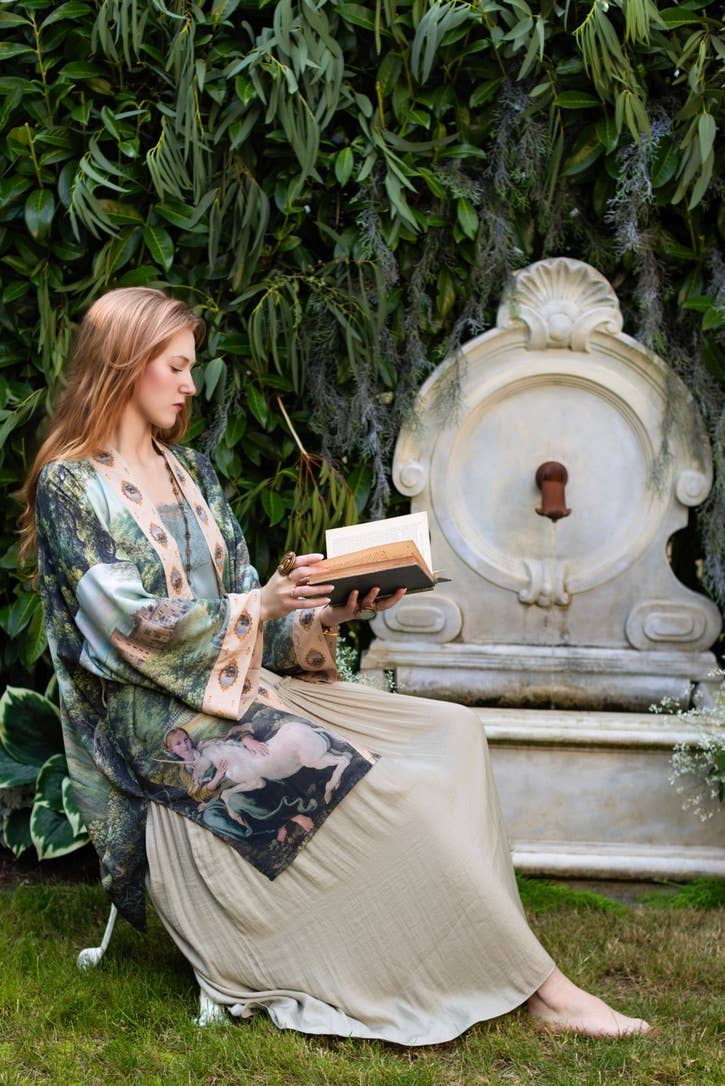 The Mythmaker Matinée Duster Kimono w/ landscape & unicorn