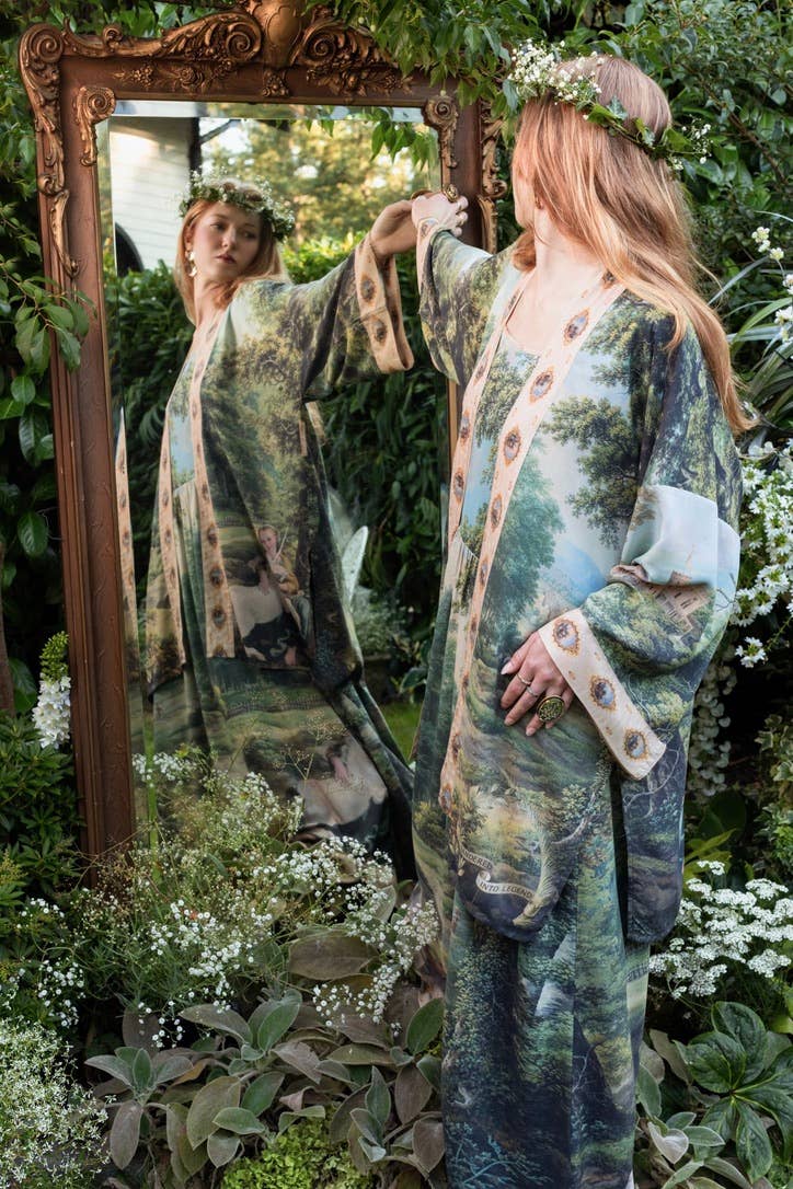 The Mythmaker Matinée Duster Kimono w/ landscape & unicorn