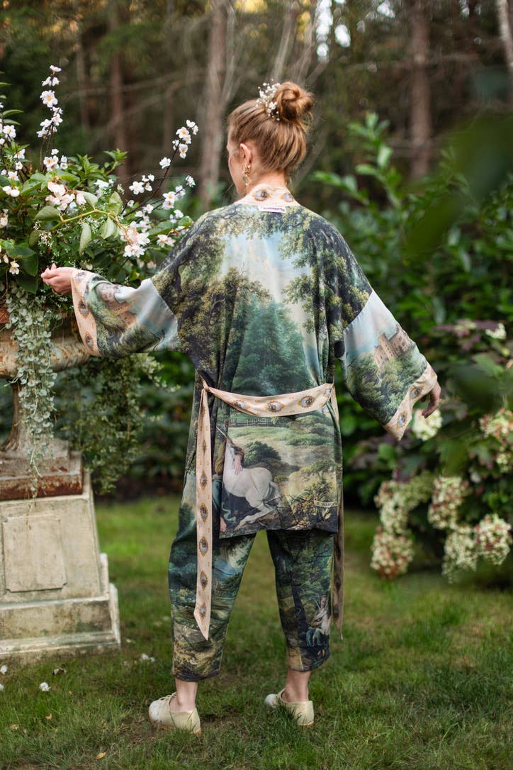 The Mythmaker Matinée Duster Kimono w/ landscape & unicorn