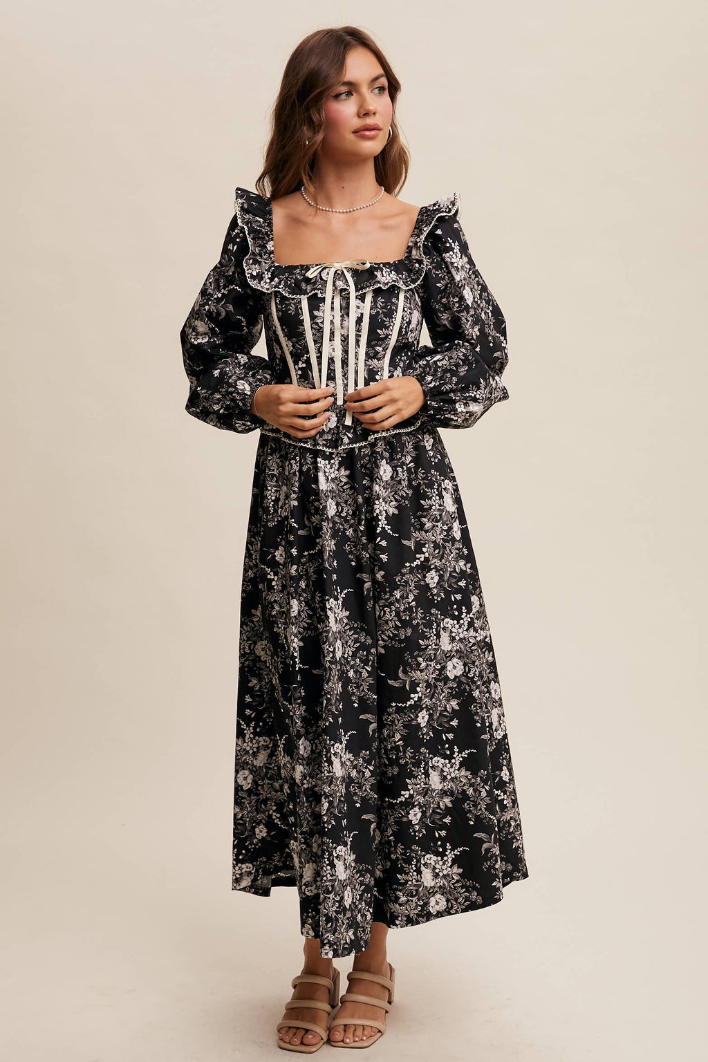 Floral Corset Ruffle Midi Dress