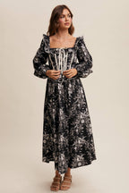 Floral Corset Ruffle Midi Dress