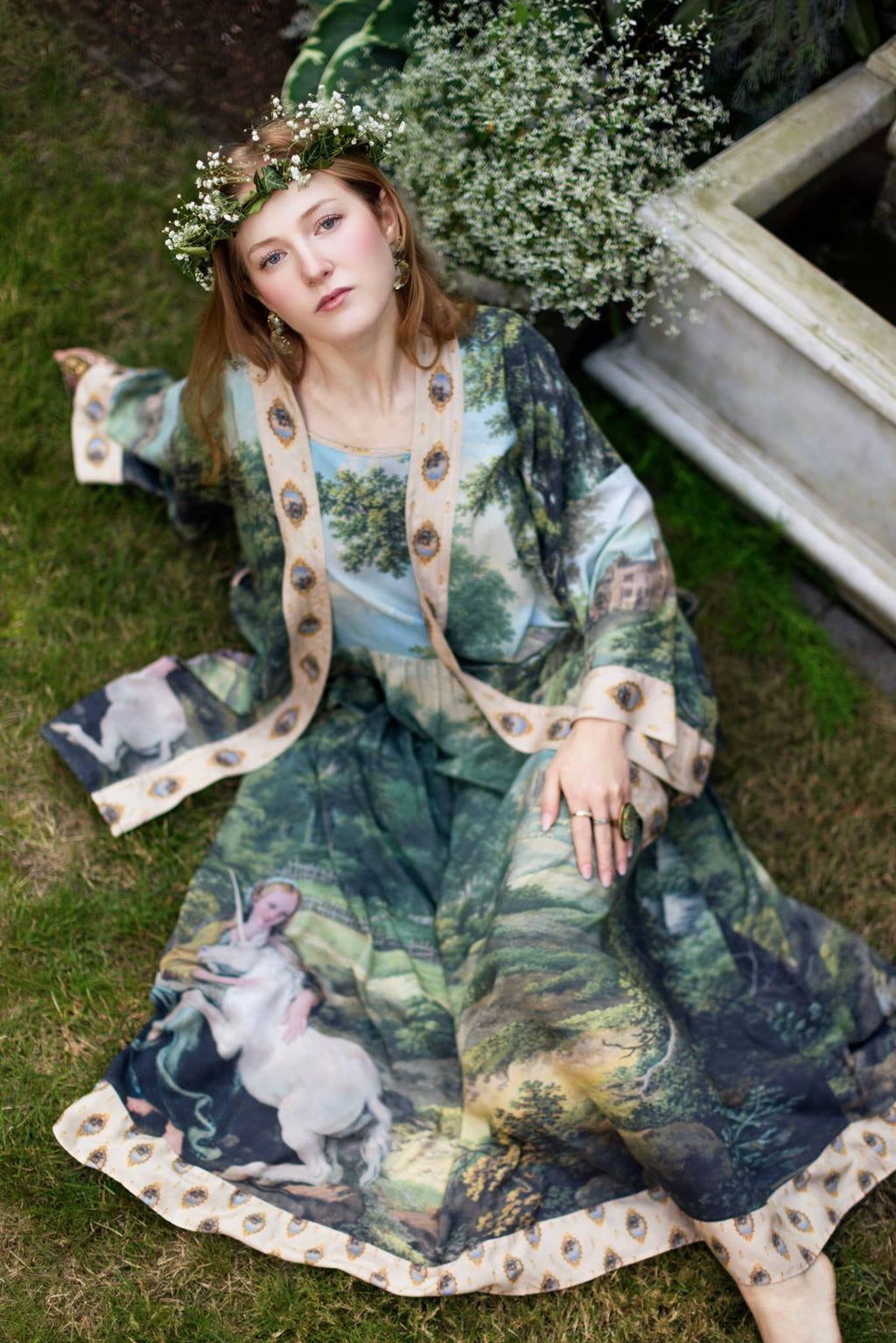 The Mythmaker Bohéme Maxi Slip Dress w/ landscape & unicorn