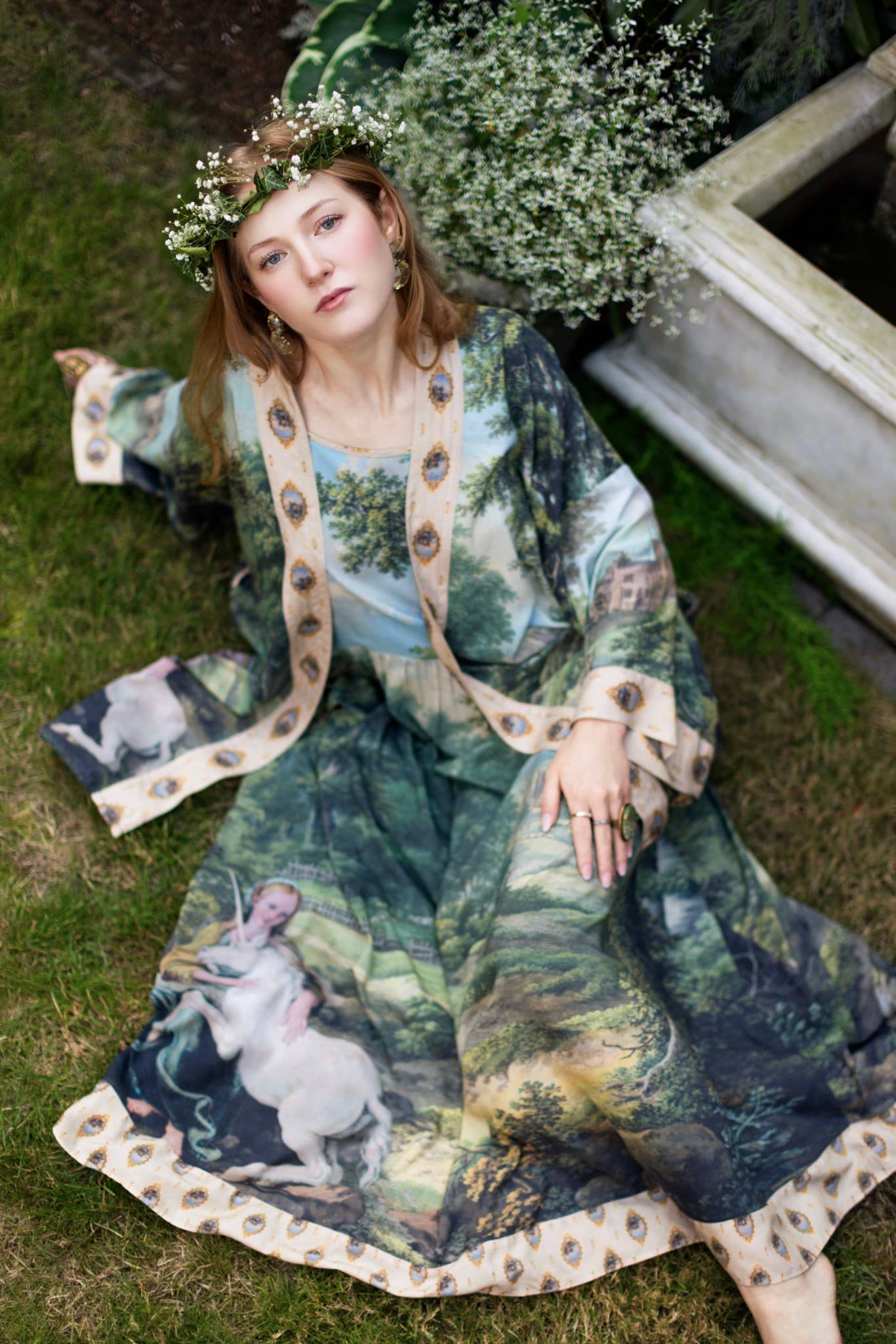 The Mythmaker Bohéme Maxi Slip Dress w/ landscape & unicorn