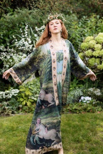 The Mythmaker Matinée Duster Kimono w/ landscape & unicorn