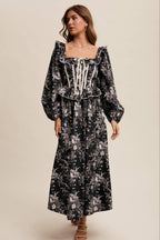 Floral Corset Ruffle Midi Dress