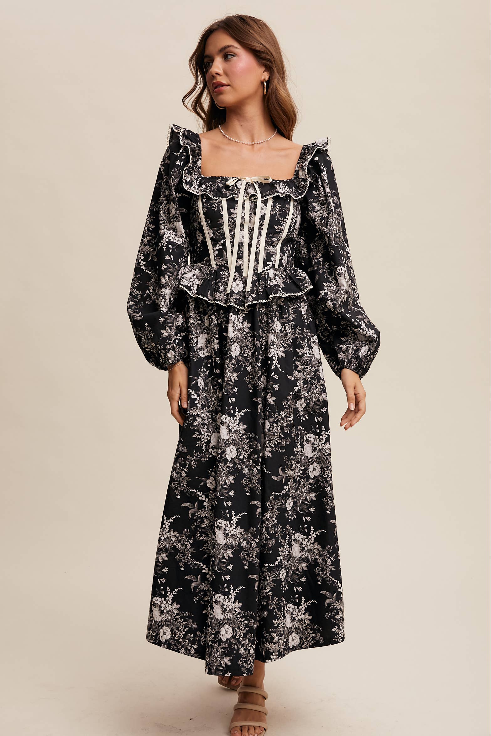 Floral Corset Ruffle Midi Dress