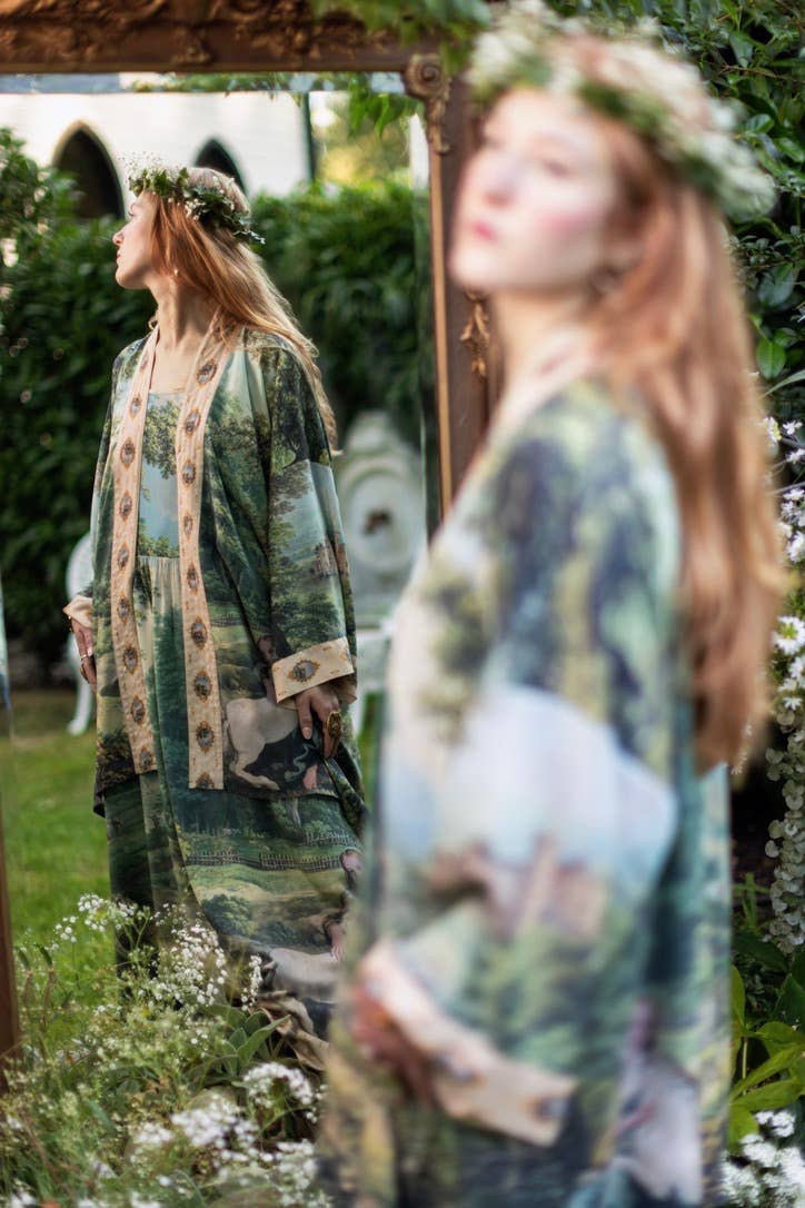 The Mythmaker Matinée Duster Kimono w/ landscape & unicorn