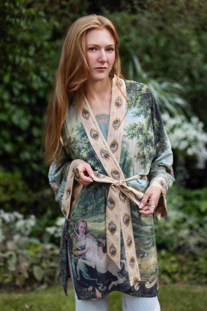 The Mythmaker Matinée Duster Kimono w/ landscape & unicorn