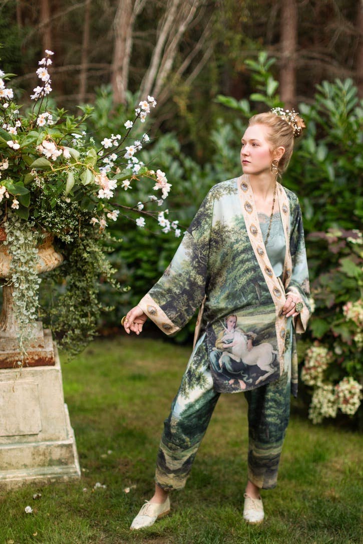 The Mythmaker Matinée Duster Kimono w/ landscape & unicorn