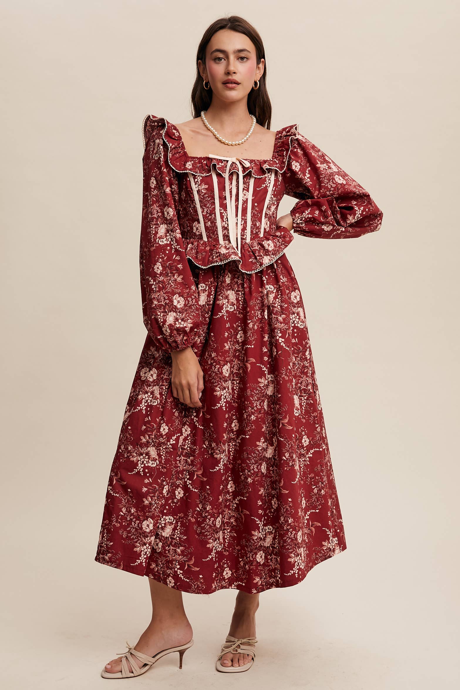 Floral Corset Ruffle Midi Dress