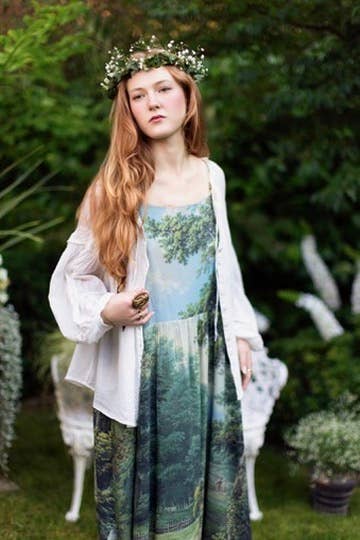 The Mythmaker Bohéme Maxi Slip Dress w/ landscape & unicorn