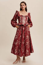 Floral Corset Ruffle Midi Dress