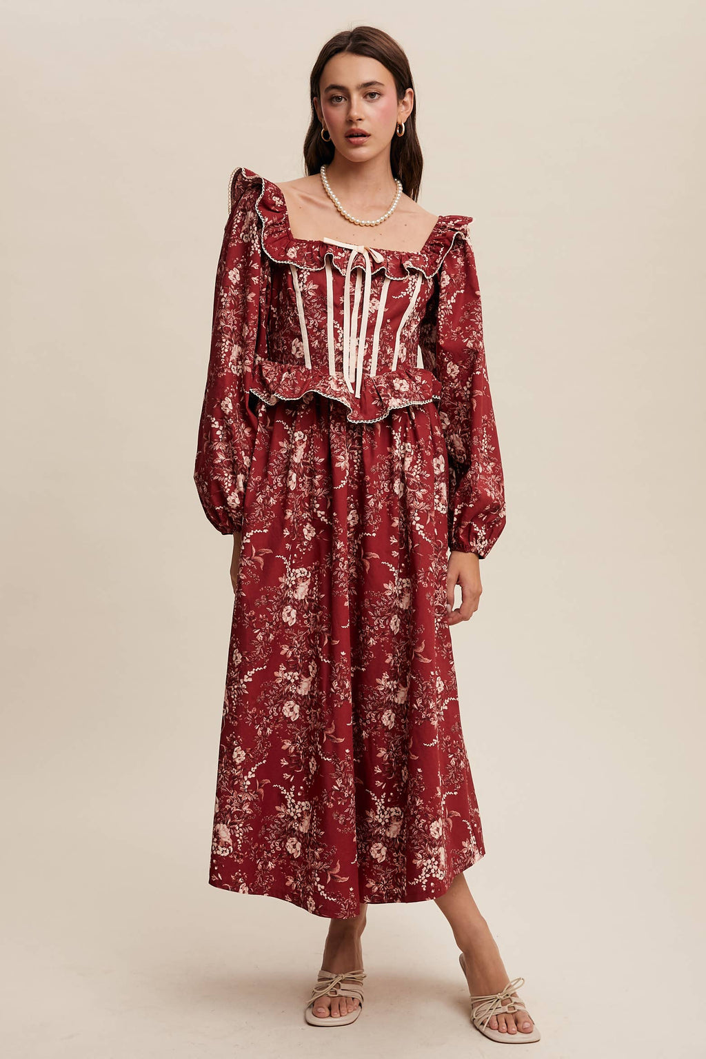 Floral Corset Ruffle Midi Dress