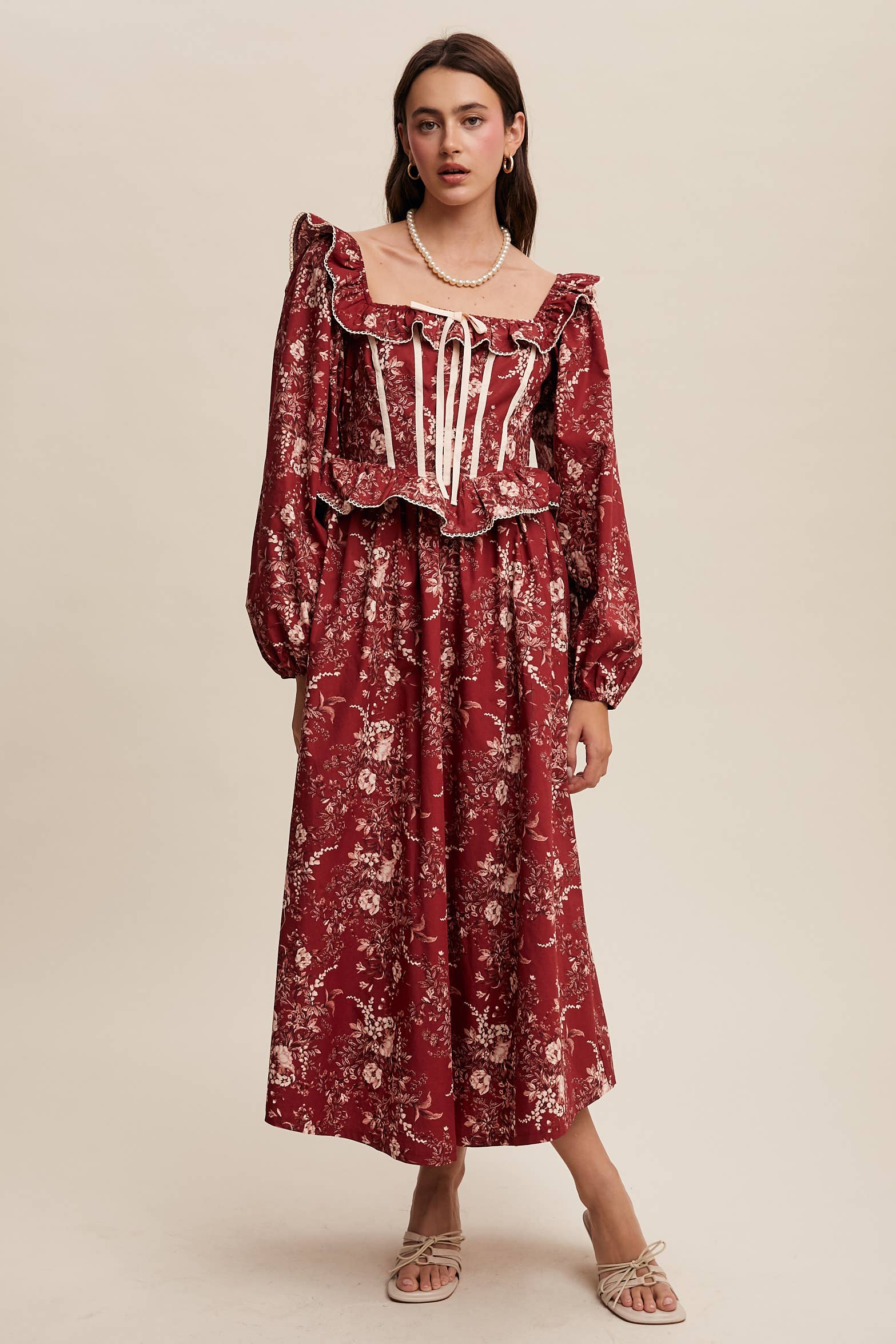 Floral Corset Ruffle Midi Dress