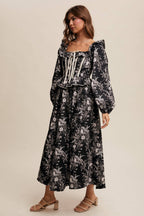 Floral Corset Ruffle Midi Dress