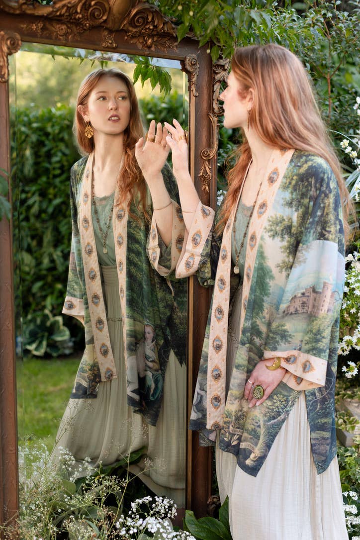 The Mythmaker Matinée Duster Kimono w/ landscape & unicorn