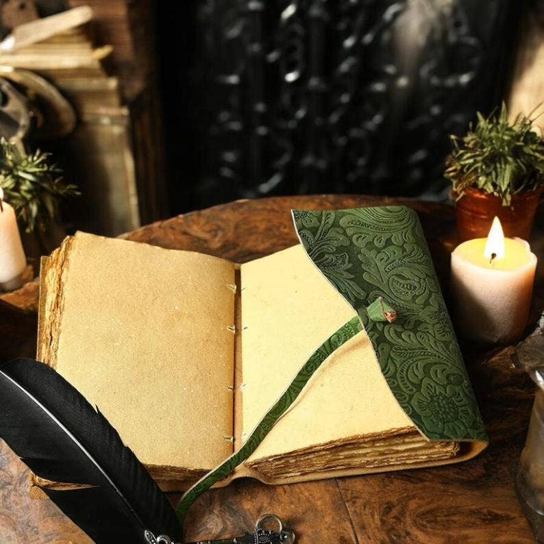 Green Floral journal Leather grimoire Handmade Leather Bound