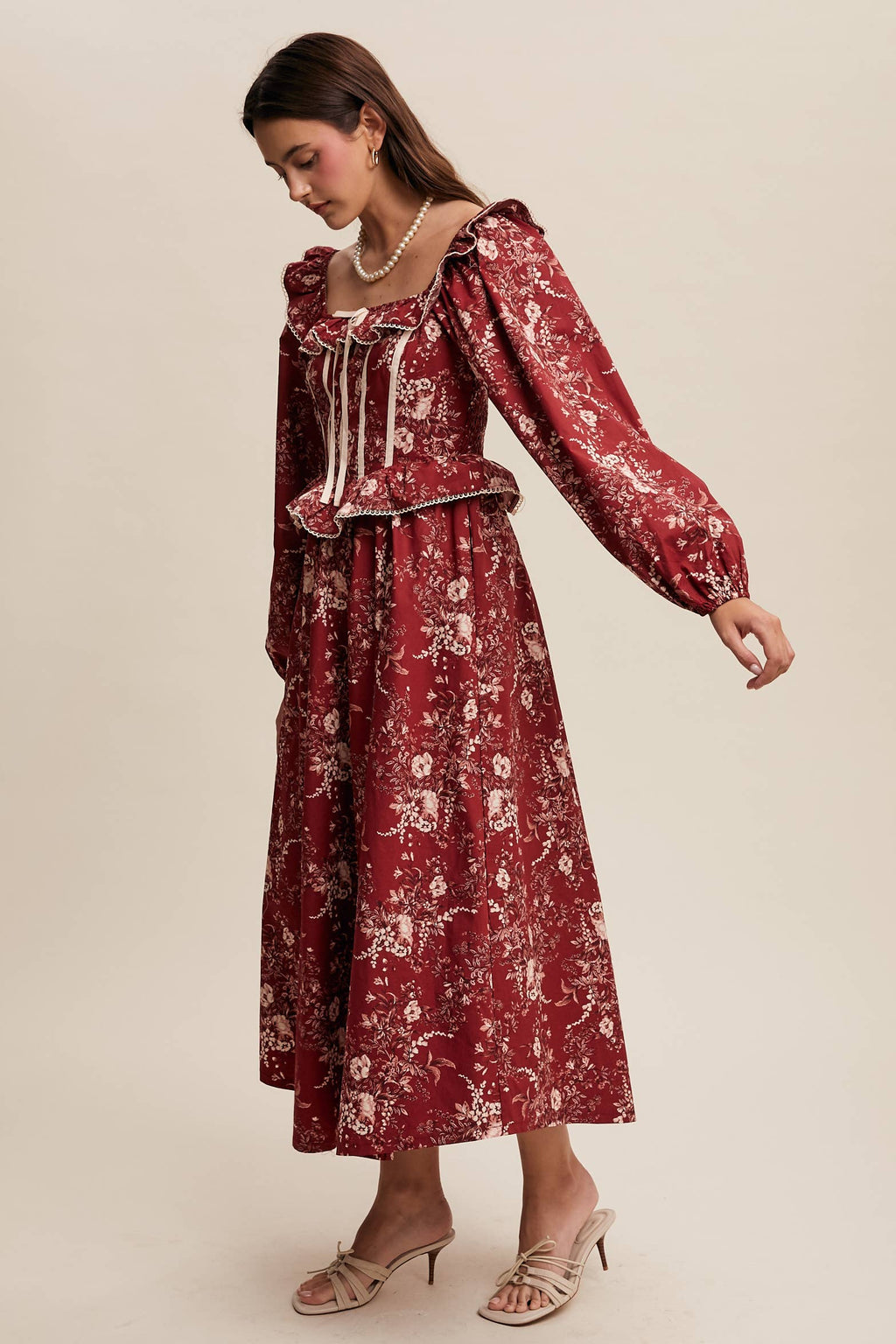 Floral Corset Ruffle Midi Dress