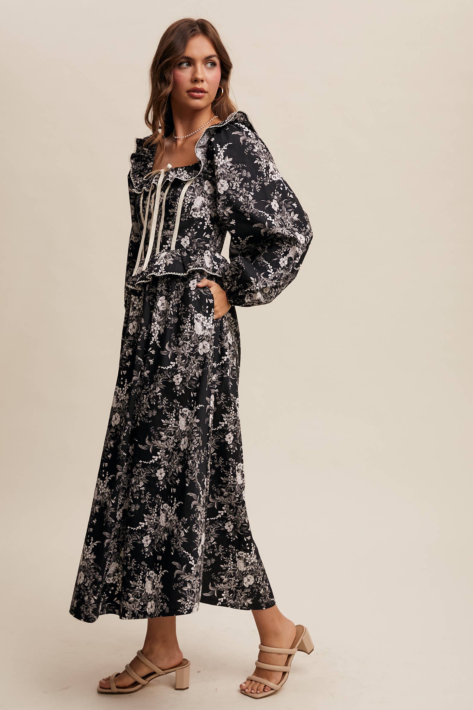 Floral Corset Ruffle Midi Dress