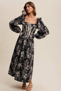 Floral Corset Ruffle Midi Dress