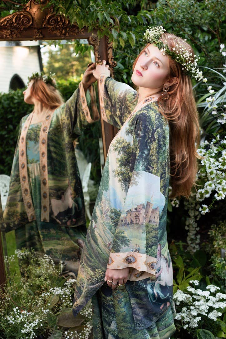 The Mythmaker Matinée Duster Kimono w/ landscape & unicorn