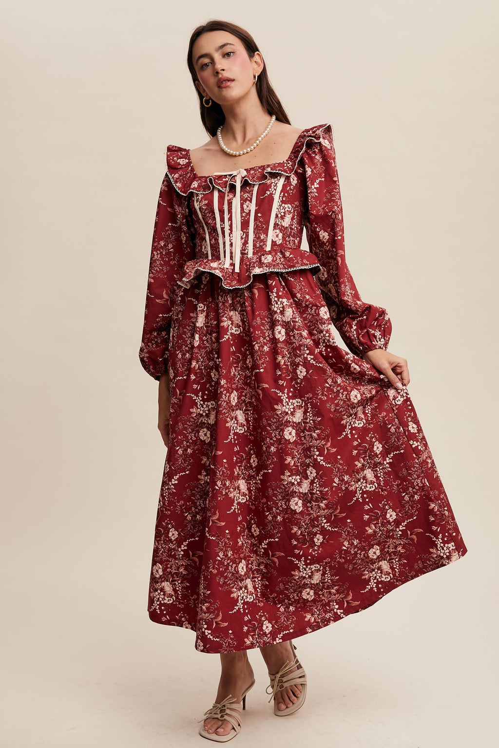 Floral Corset Ruffle Midi Dress