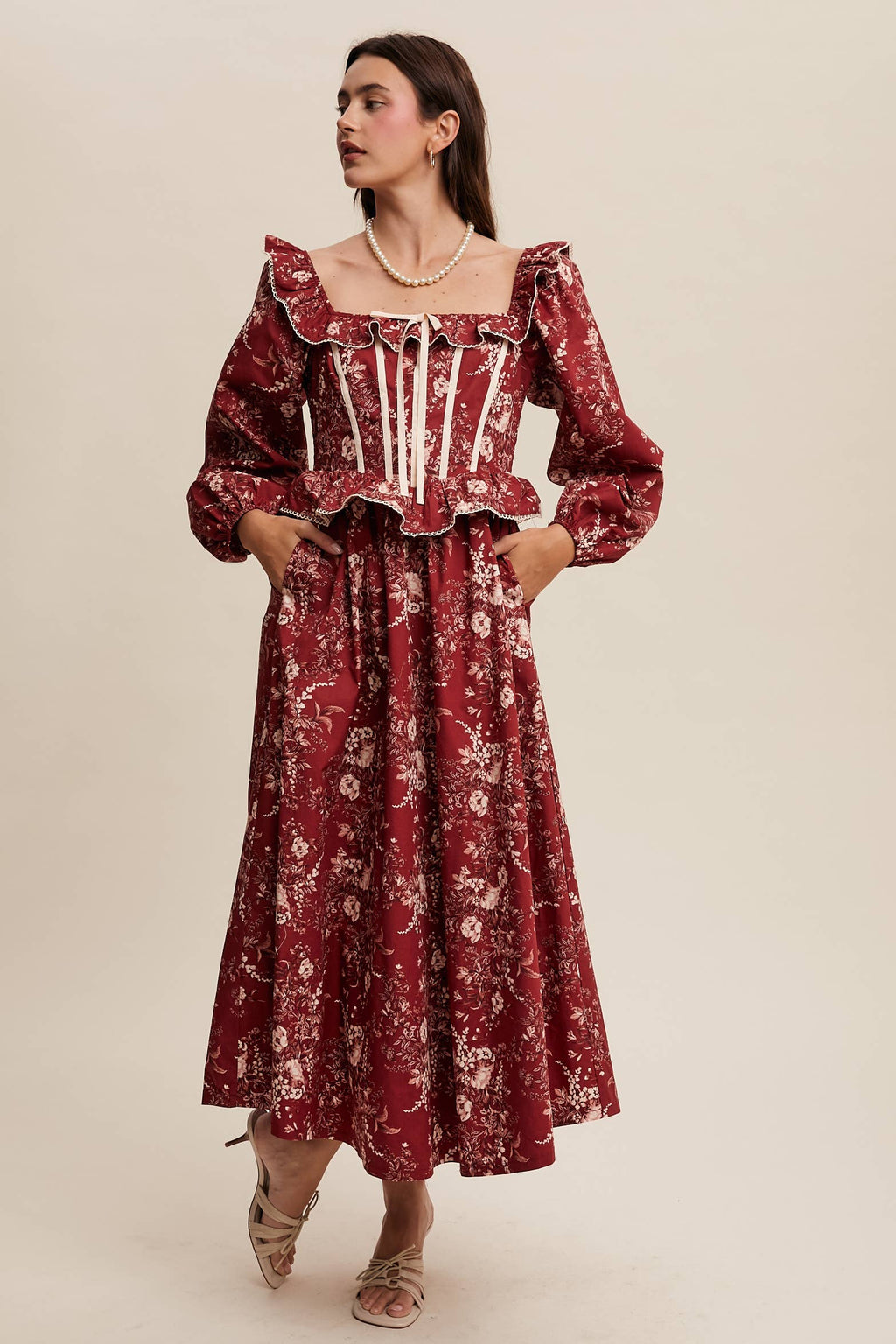 Floral Corset Ruffle Midi Dress