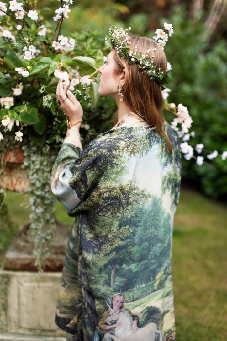 The Mythmaker Matinée Duster Kimono w/ landscape & unicorn
