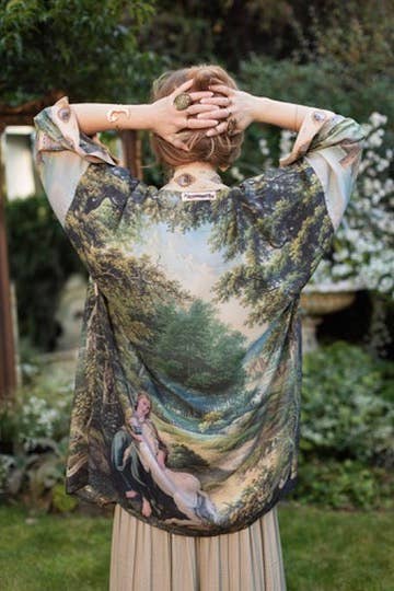 The Mythmaker Matinée Duster Kimono w/ landscape & unicorn