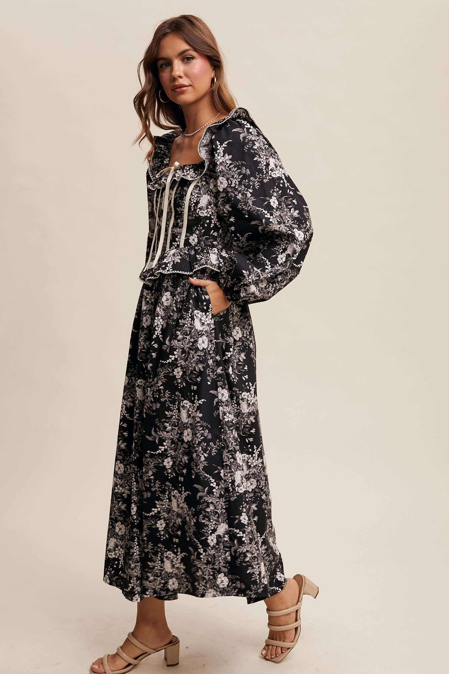Floral Corset Ruffle Midi Dress