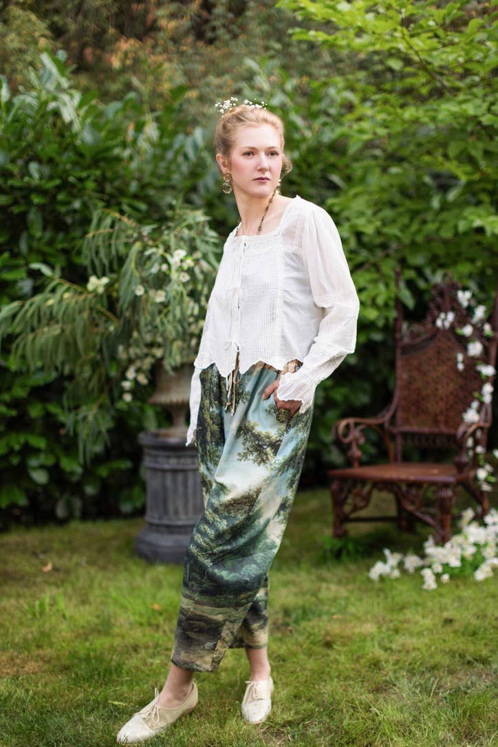 The Mythmaker Linen Crop Artist Pant w/ Boho Landscape Print
