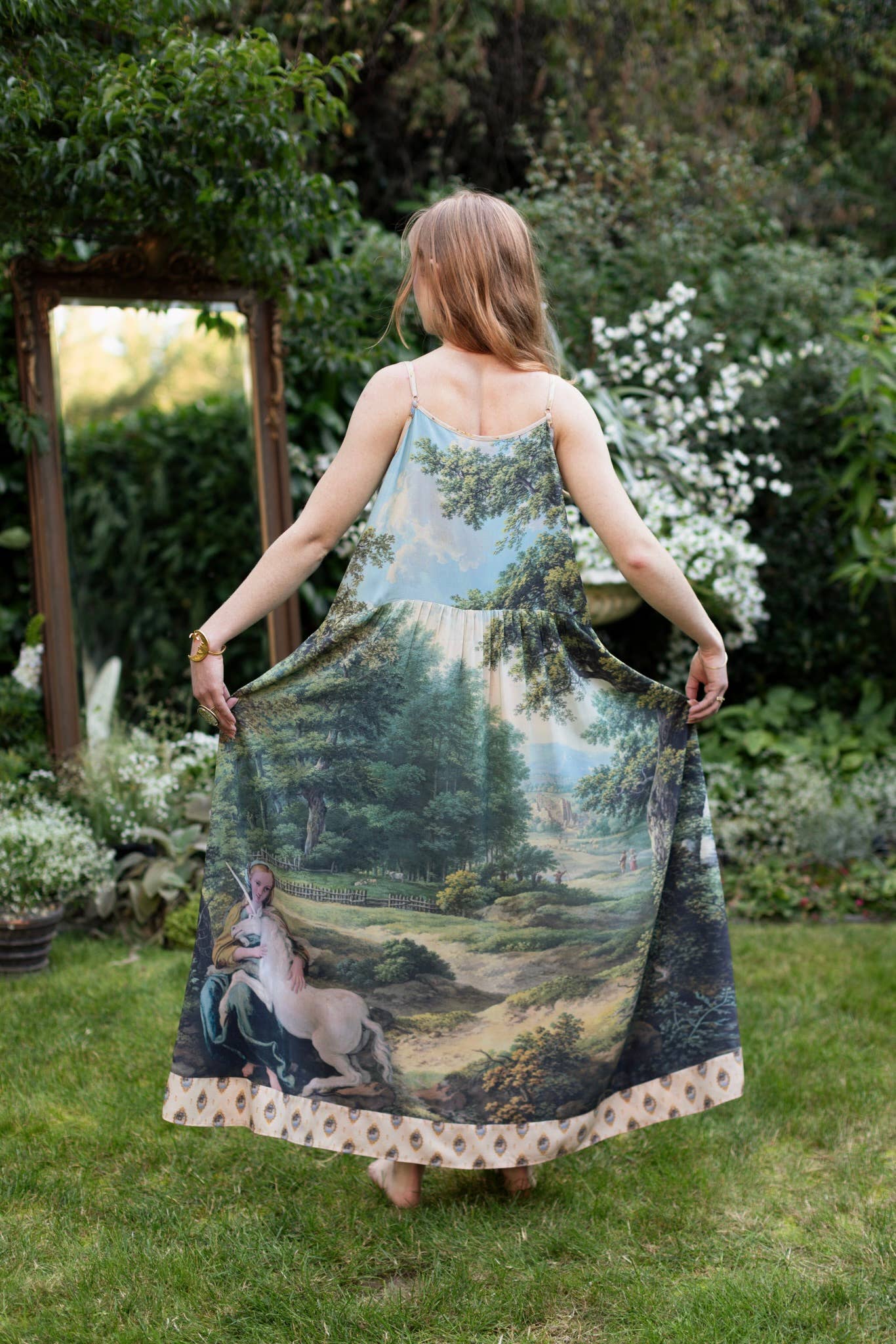 The Mythmaker Bohéme Maxi Slip Dress w/ landscape & unicorn