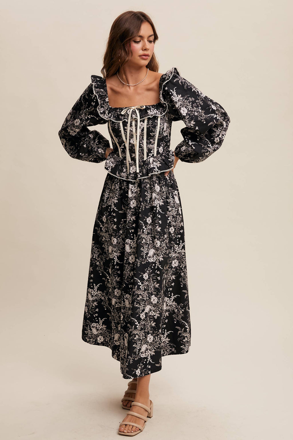 Floral Corset Ruffle Midi Dress