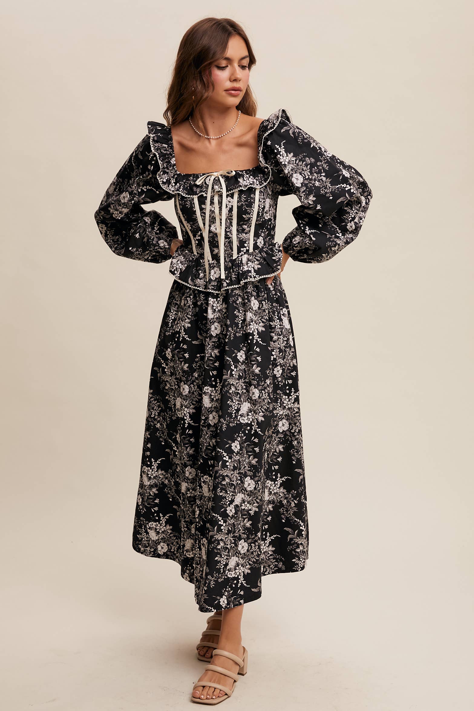 Floral Corset Ruffle Midi Dress