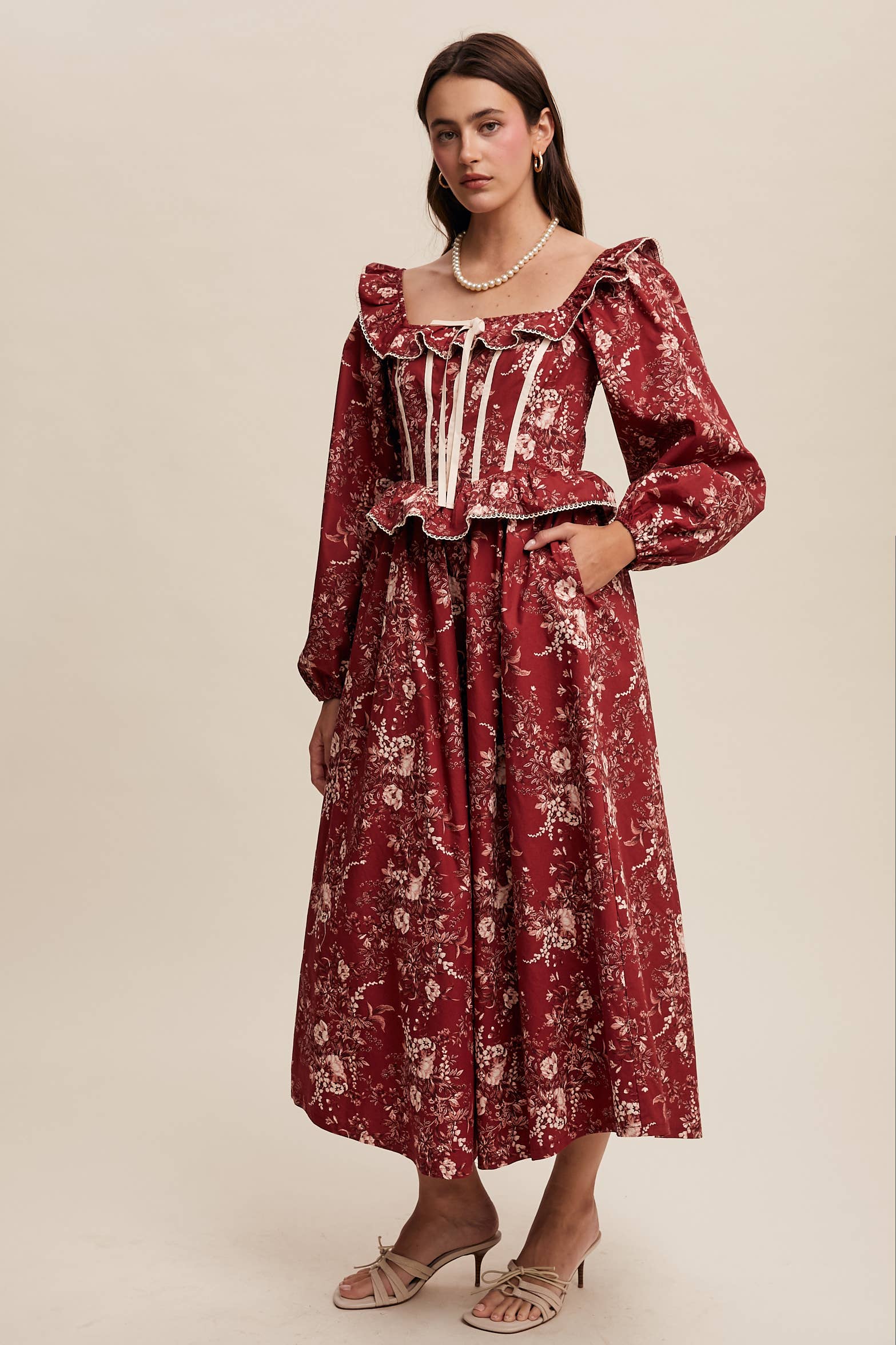 Floral Corset Ruffle Midi Dress