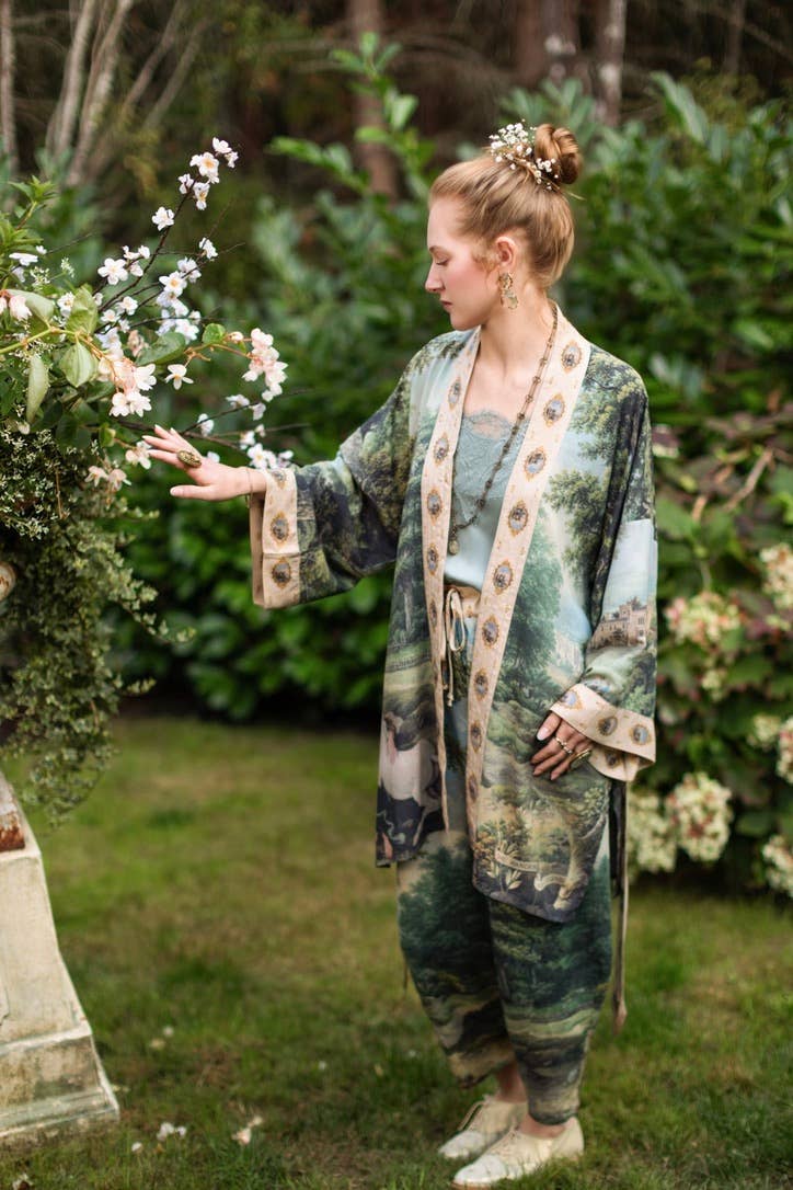 The Mythmaker Matinée Duster Kimono w/ landscape & unicorn