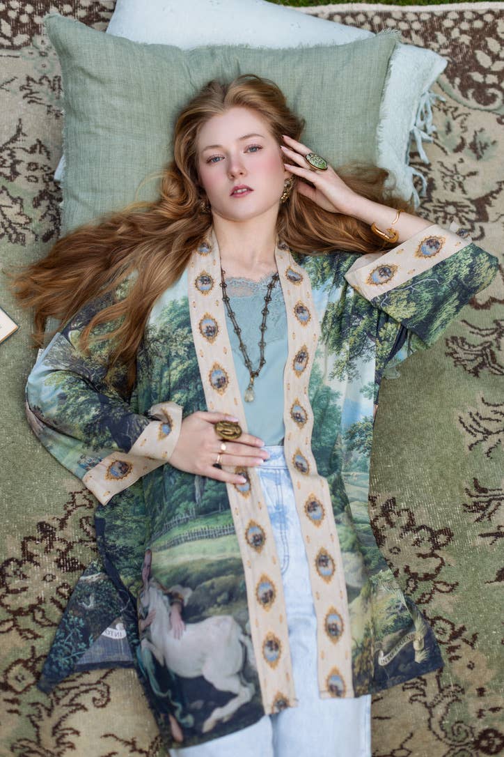 The Mythmaker Matinée Duster Kimono w/ landscape & unicorn